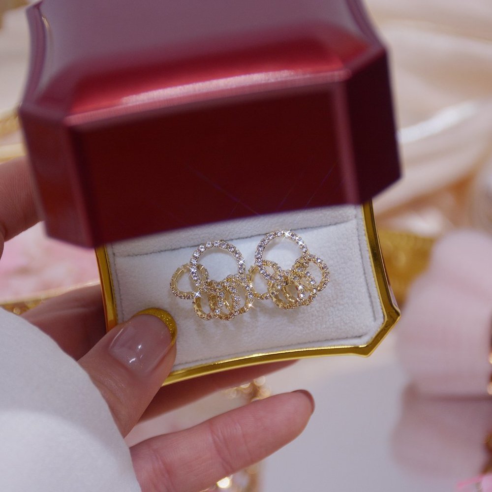 NEW 14K Gold Plated Diamond Circle Earrings - Picture 4 of 6
